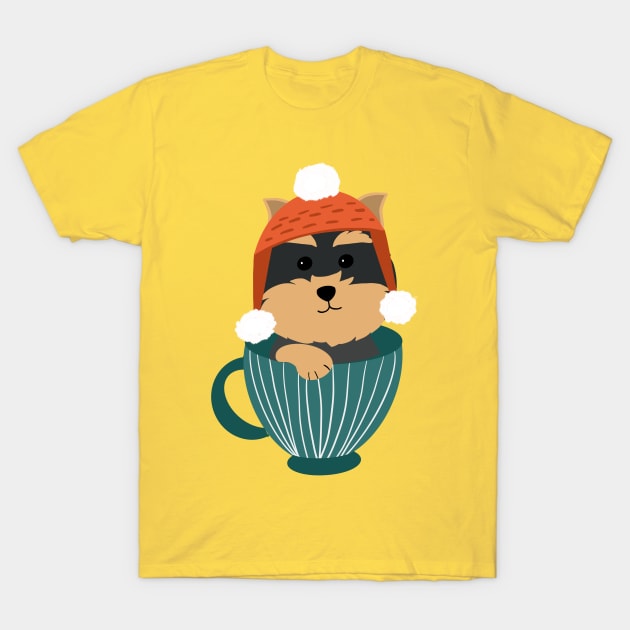 Cute Yorkshire Terrier Puppy In A Cup Merry Christmas T-Shirt by i am Cuta